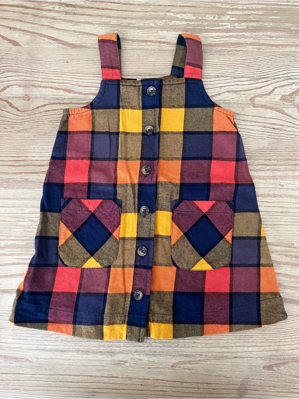 Hanna Andersson Kids Plaid Button-Front Jumper Dress in Navy, Red & Yellow